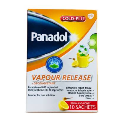 panadol cold and flu vapour release is your ultimate solution to your common cold and flu symptoms. Experience a fast relief from a range of symptoms, including common cold, headache, sore throat, nasal congestion, sinusitis, body pain, body aches, and fever.